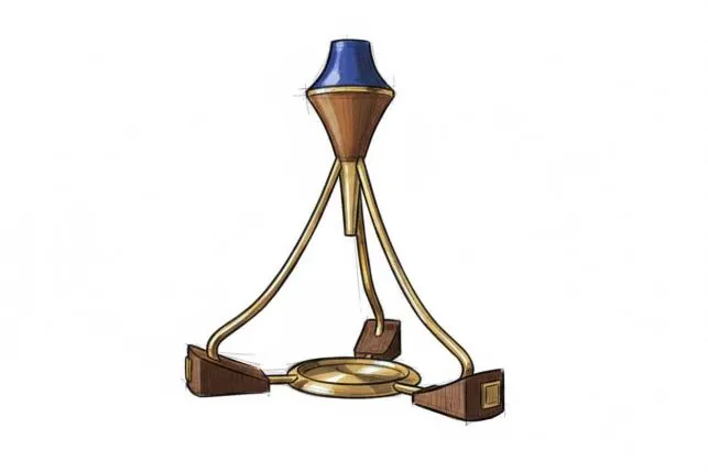 Render of the brass tripod legs curving into a walnut and brass base