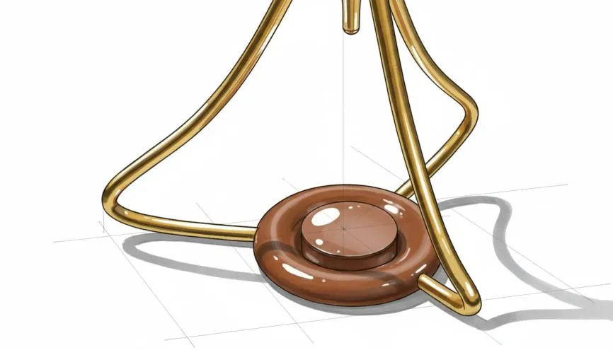 Close-up render of the raised central plinth inside the base ring, with brass legs converging on it