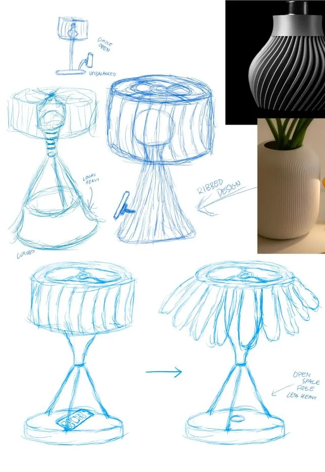 Sketches of a blooming lampshade opening from closed to open