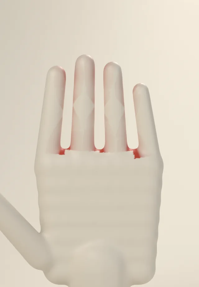 Leak map under Distance weighting: the facing sides of neighbouring fingers are tinted red