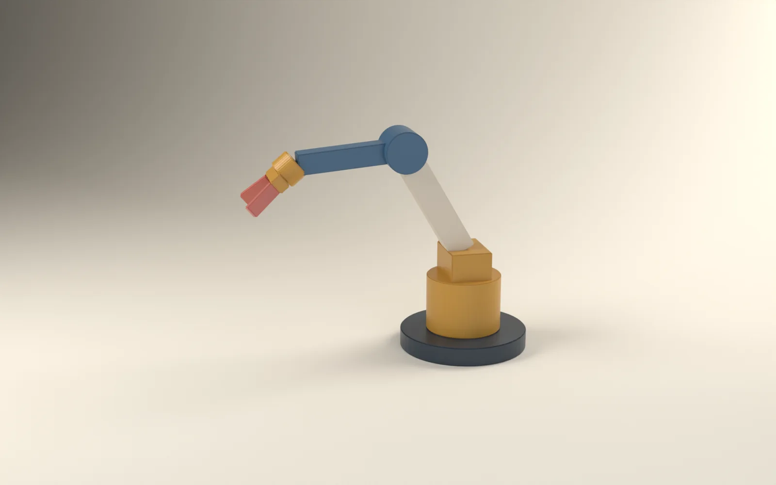 A posed robot arm whose parts are each coloured by the single bone that drives them