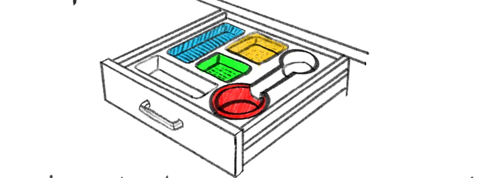 Sketch of a drawer tray with colour-coded compartments