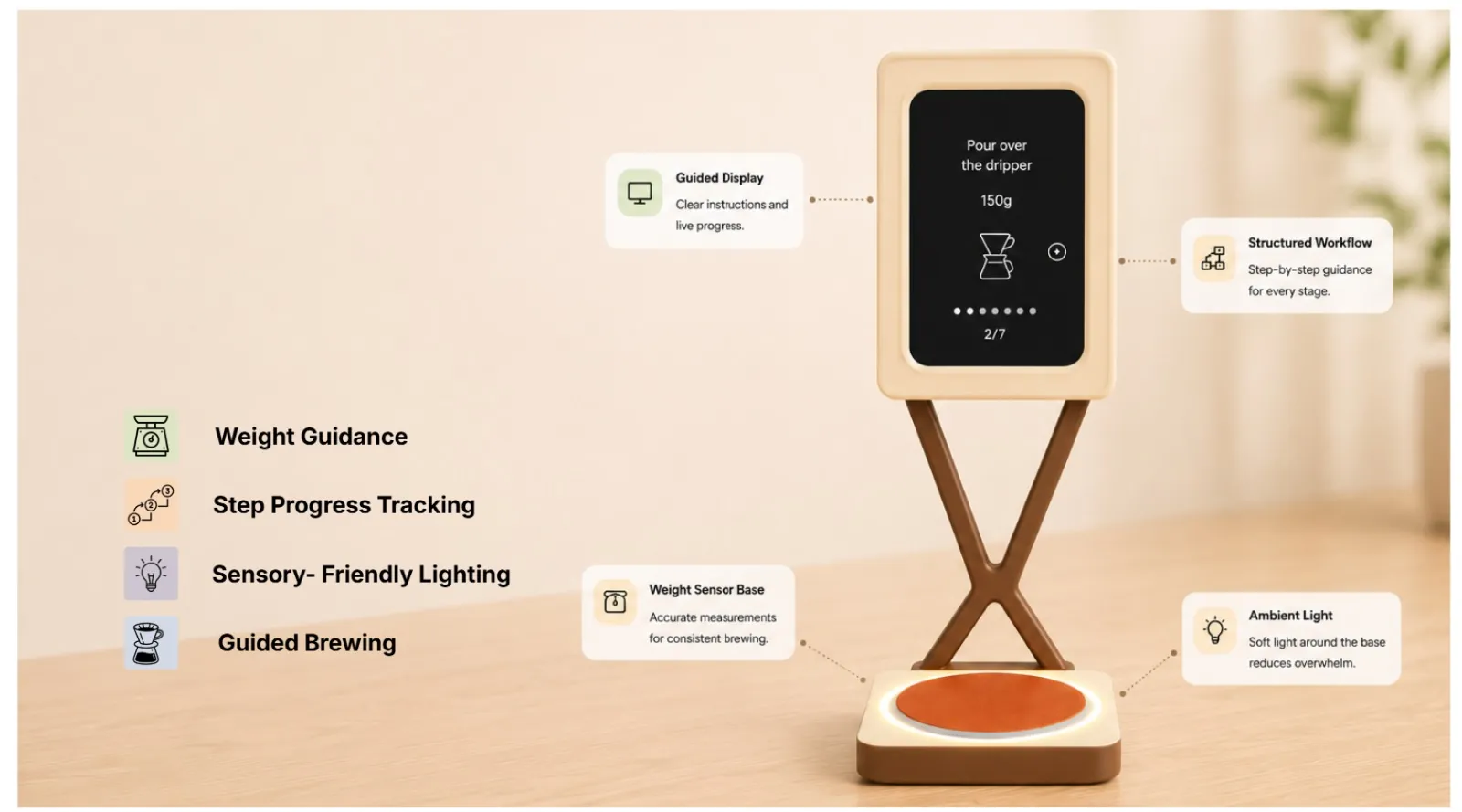 Concept render of BrewFlow with callouts: guided display, structured workflow, weight sensor base and ambient light