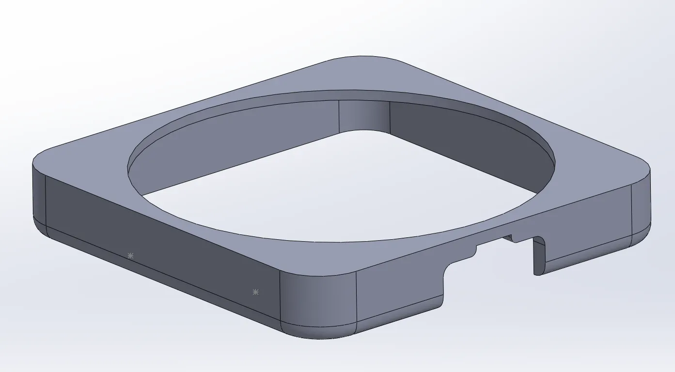 SolidWorks render of the square base with a circular opening and rear cut-out