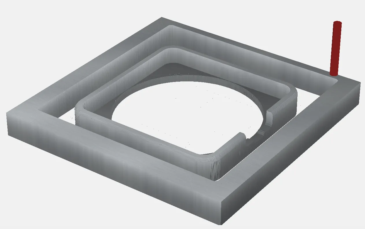 Simulated CNC cut of the base frame with the cutter shown