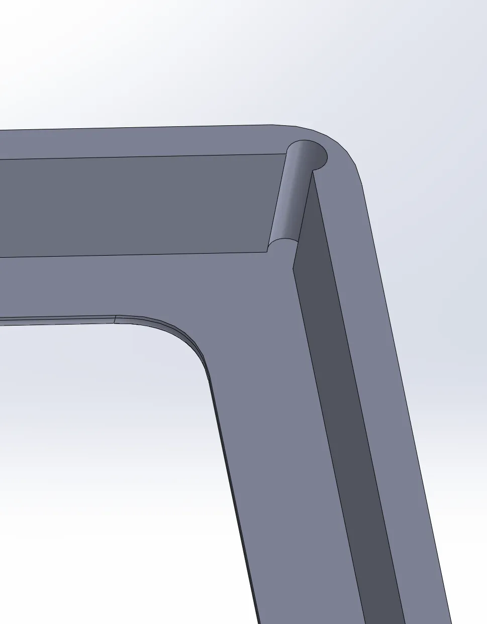 SolidWorks close-up of a small relief hole at the inside corner of the screen cover