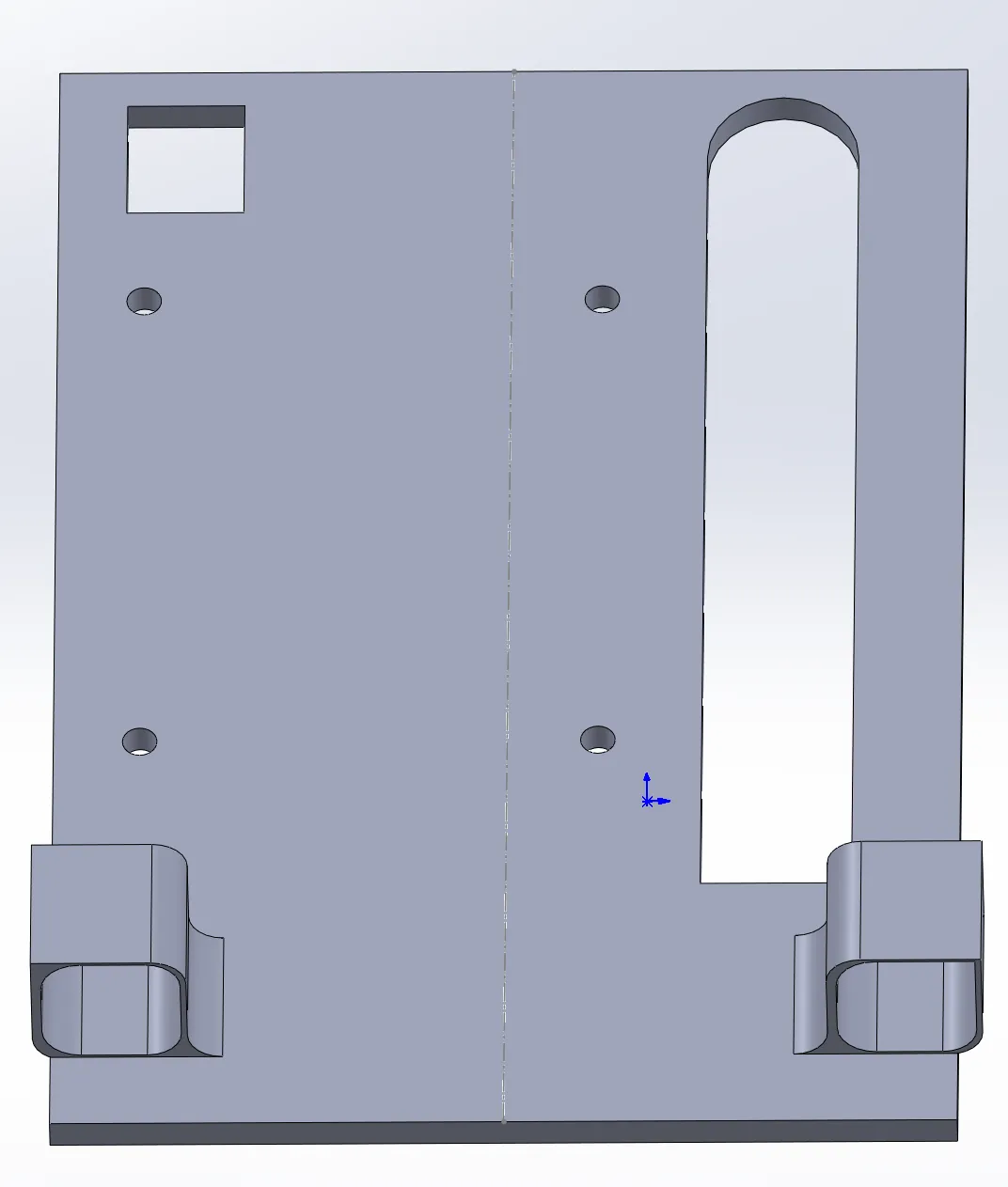 SolidWorks model of the custom screen mount plate with hooks and a slot