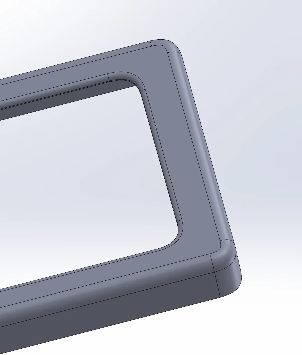 SolidWorks render of the screen cover corner with a smooth conic fillet