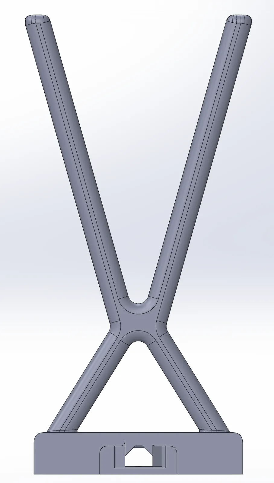 SolidWorks render of the X-shaped stand with its base socket