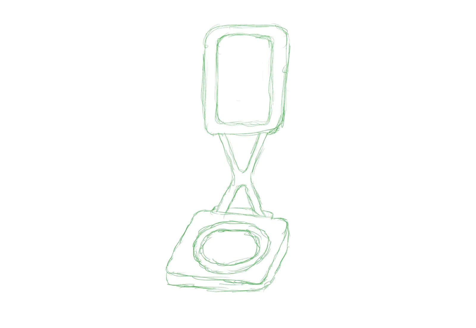 Line sketch of the final concept: a portrait screen on an X-shaped stand above a square coaster
