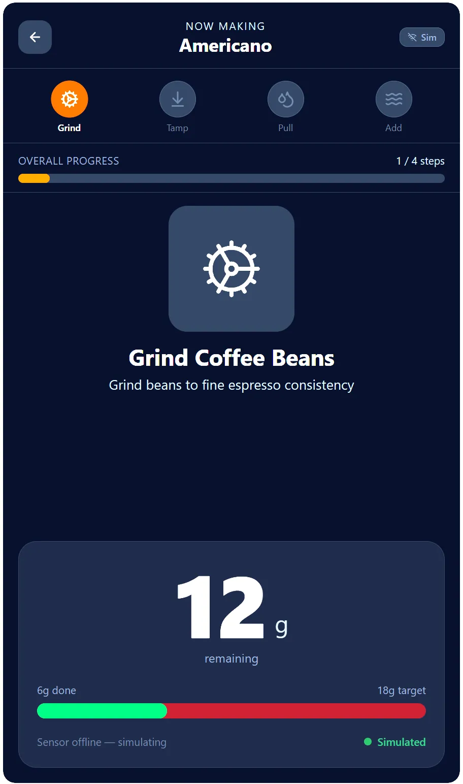 Step screen: Now making Americano, step 1 of 4 Grind Coffee Beans, 12 g remaining with a red-to-green progress bar showing 6 g done of 18 g target