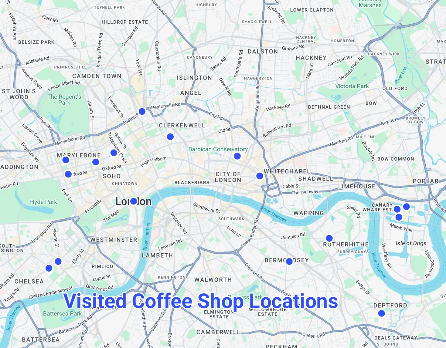 Map of London marking the coffee shops the team visited