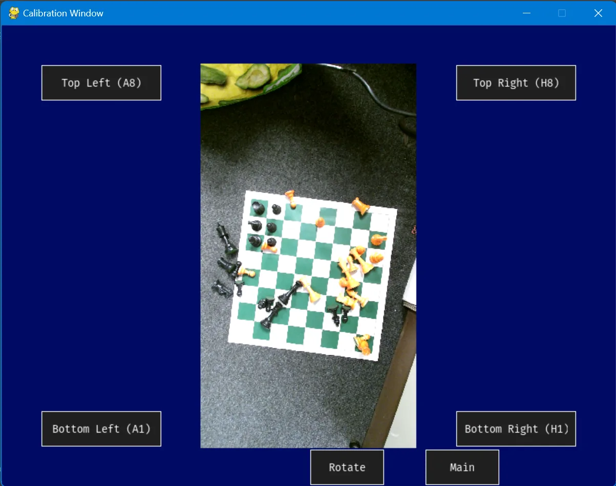 The calibration window: corner labels Top Left A8 to Bottom Right H1 around a live overhead view of the board with pieces, and Rotate and Main buttons