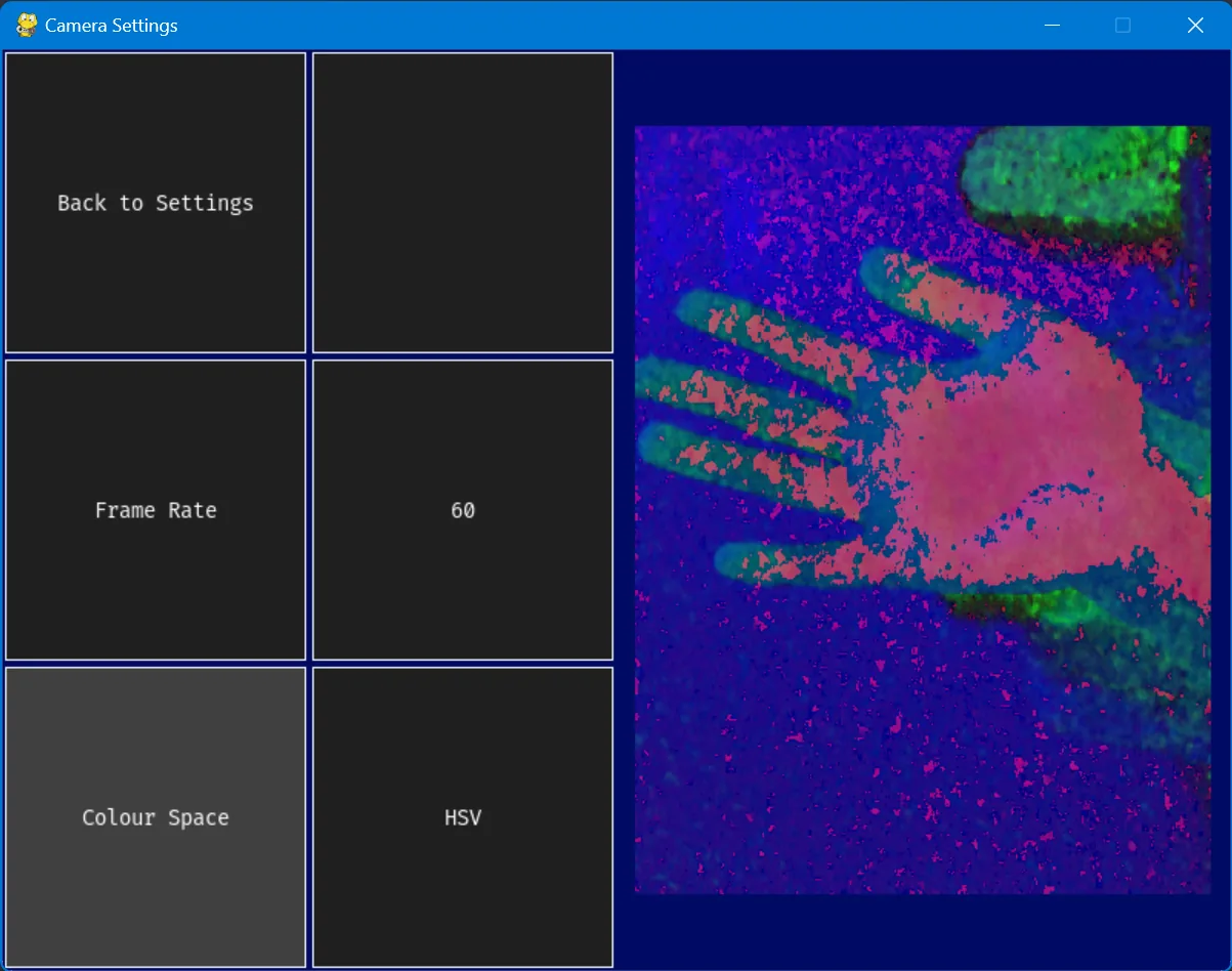 The camera settings window with frame rate and colour space buttons, showing a hand in false-colour HSV