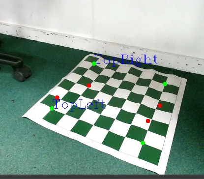 Webcam photo of the board on the floor with green and red dots marking detected corners and the labels Top Left and Top Right