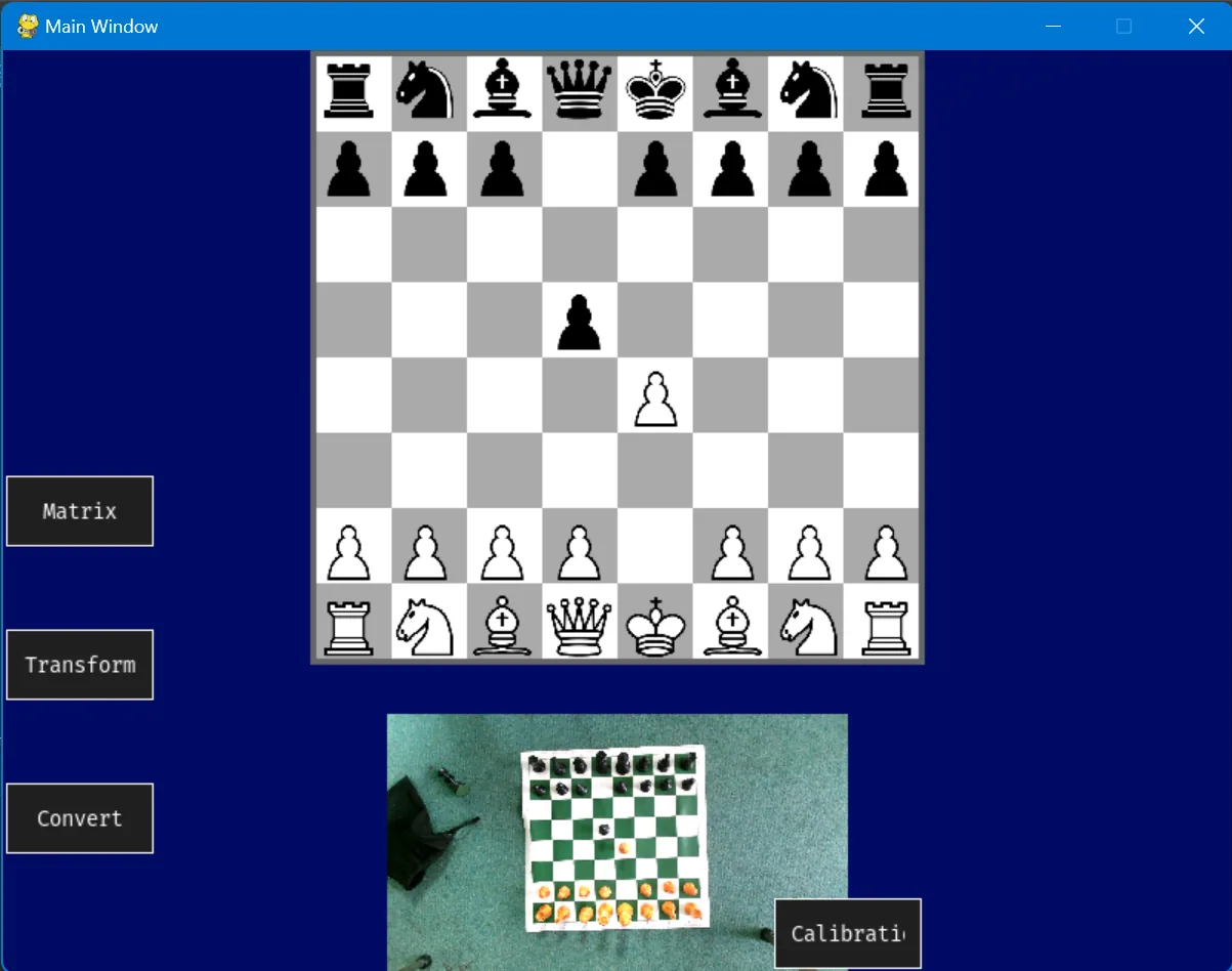 The app's main window: a digital chessboard showing the same position, Matrix, Transform and Convert buttons, and a live camera view of the real board