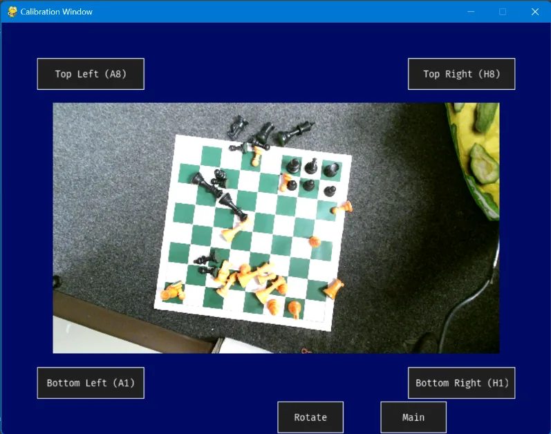 The calibration window showing an overhead camera view of the board with orange and black pieces, and corner buttons labelled Top Left A8, Top Right H8, Bottom Left A1 and Bottom Right H1