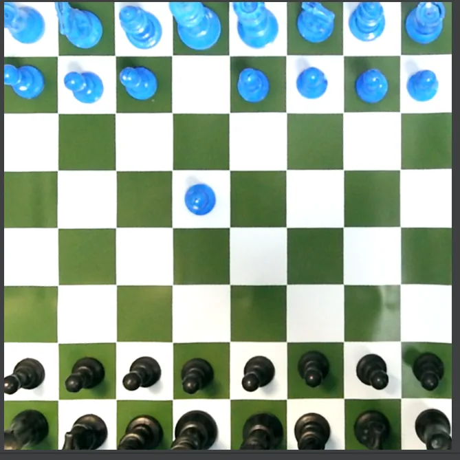 A warped board image taken from directly above: blue and black pieces sit cleanly inside their own squares