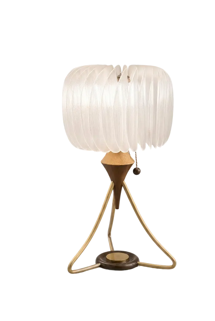 AuraBloom lamp with translucent petal shade on a brass tripod base