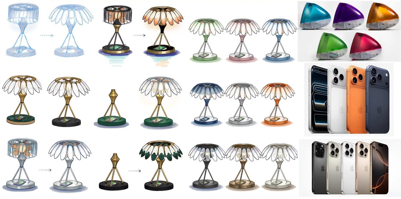 Grid of form, material and colourway iterations for AuraBloom