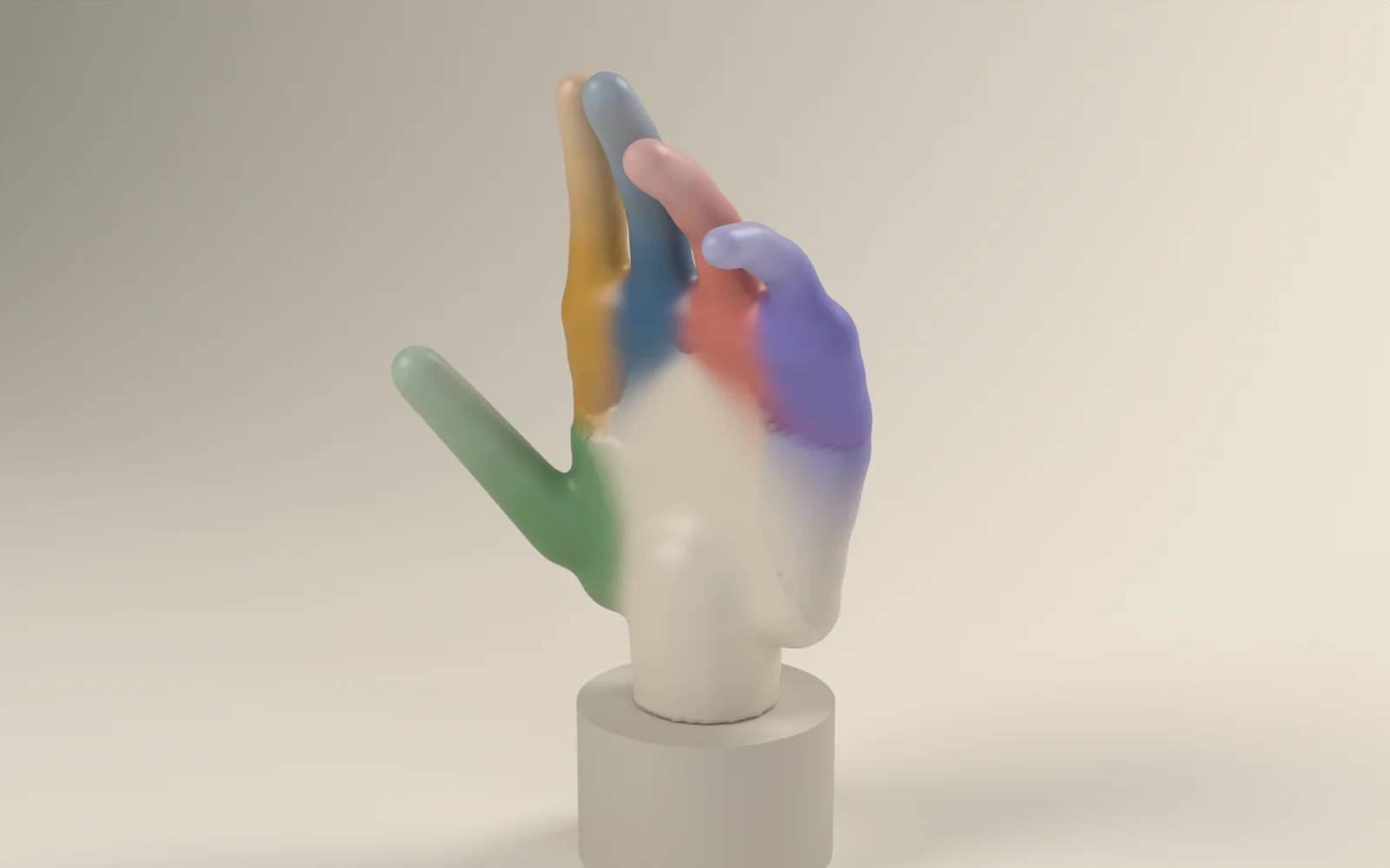 Rendered hand on a plinth with each finger's weights shown in a different colour