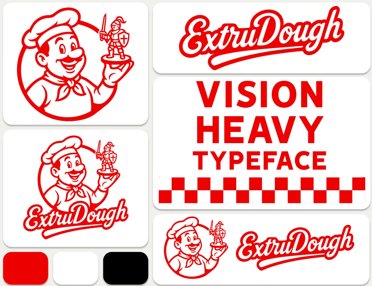 ExtruDough mascot, wordmark, heavy typeface and colour palette