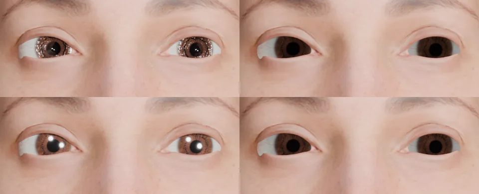 Eyes showing correct iris colour in lit and self-lit modes on two mock materials