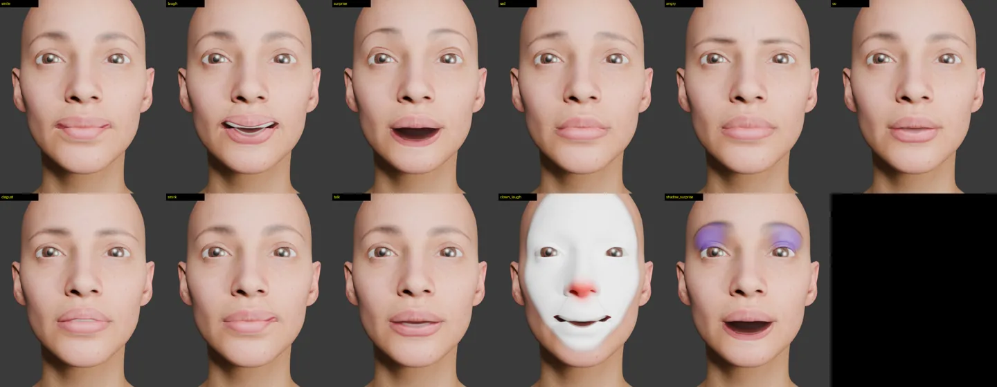 Eleven renders of the head with smile, laugh, surprise, sad, angry, oo, disgust, smirk, talking, clown overlay laughing and eye-shadow overlay surprised