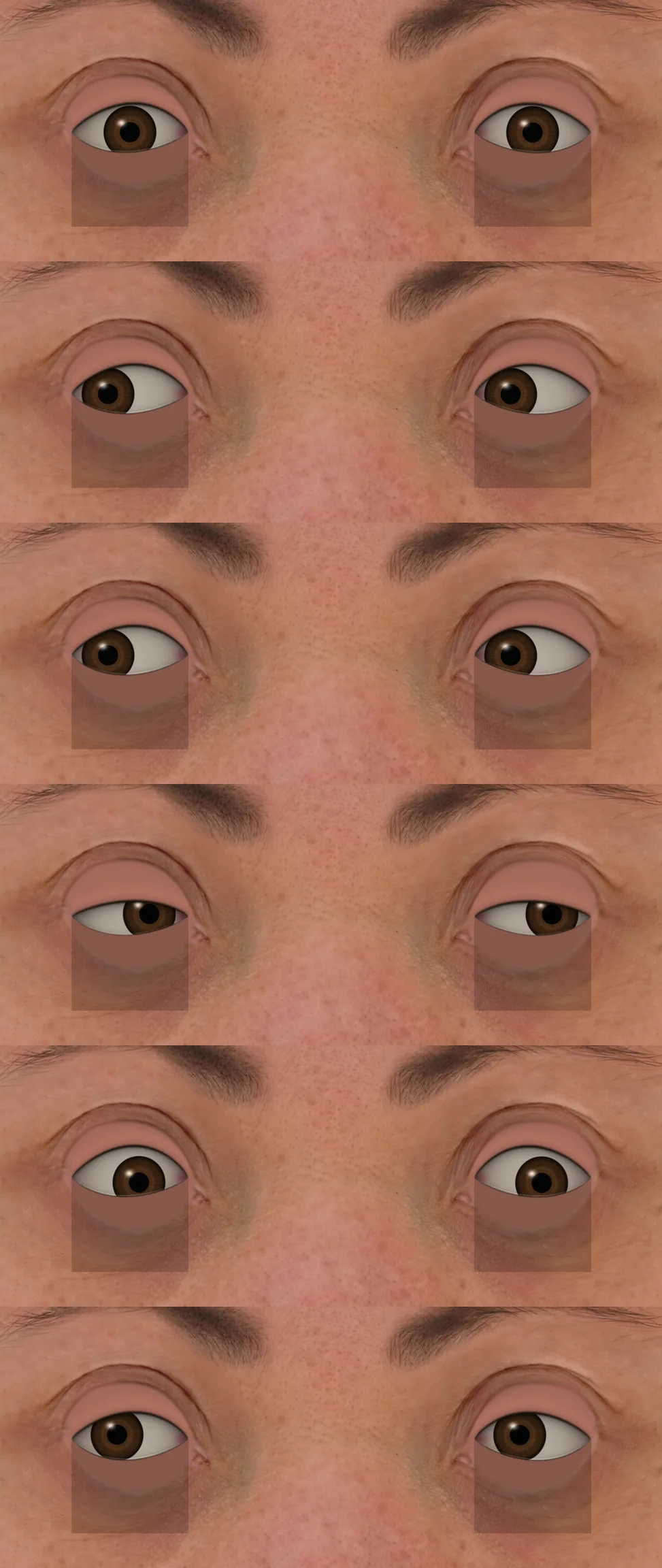 Early painted-eye frames with dark rectangles below the eyes