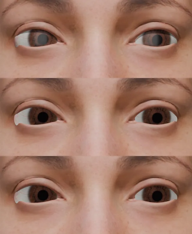 Three renders: realistic lit eyes, self-lit eyes, self-lit with painted lid shadow