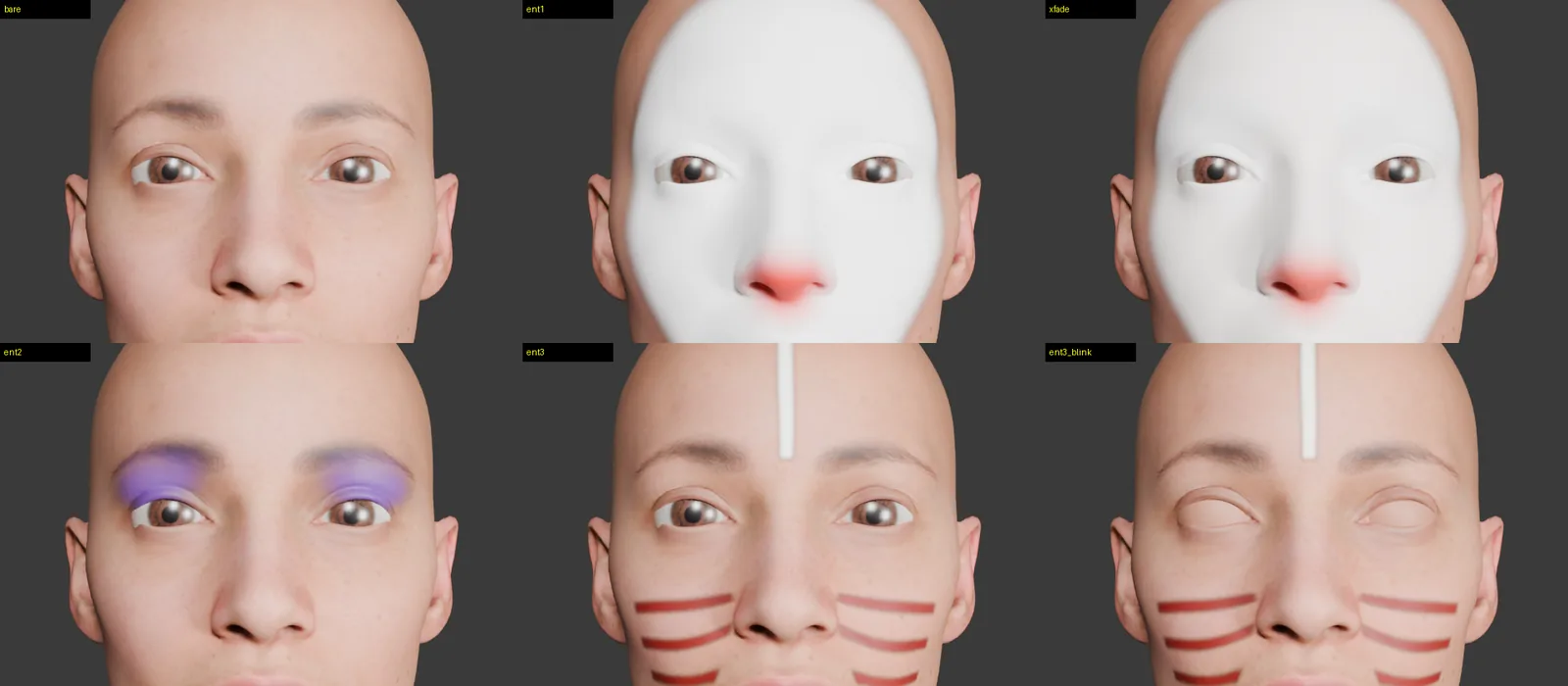 Six renders: bare skin, clown, crossfade, eye shadow, tribal paint and tribal while blinking