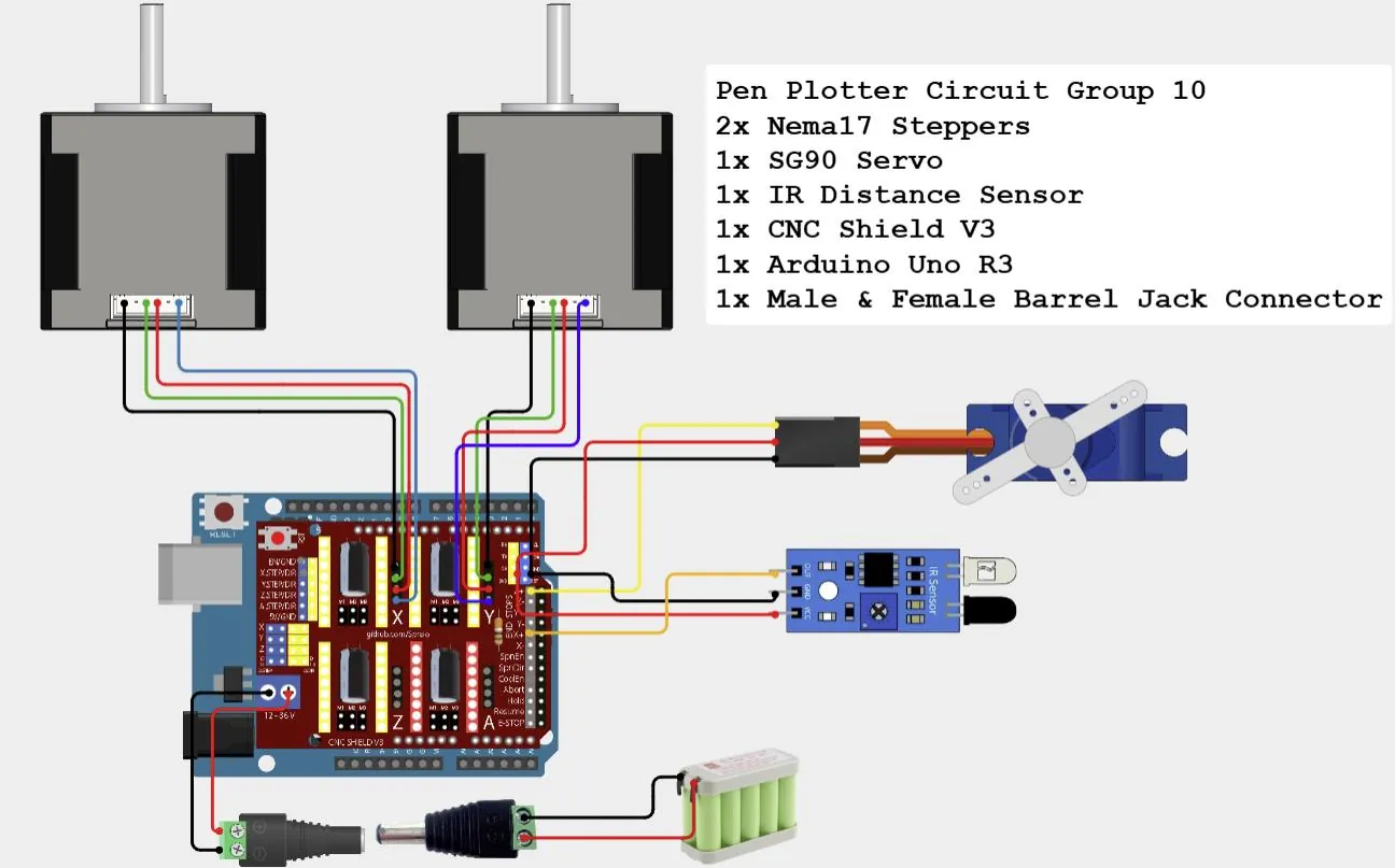 Circuit diagram: Arduino Uno with CNC shield, two NEMA 17 steppers, SG90 servo, IR sensor and a barrel jack