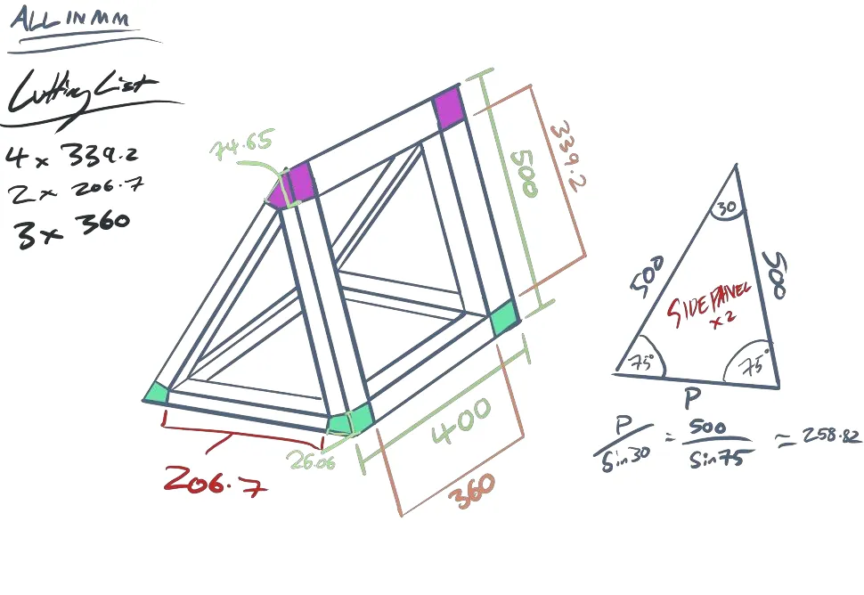 Dimensioned drawing of the triangular extrusion frame with a cutting list: four at 339.2, two at 206.7 and three at 360 millimetres