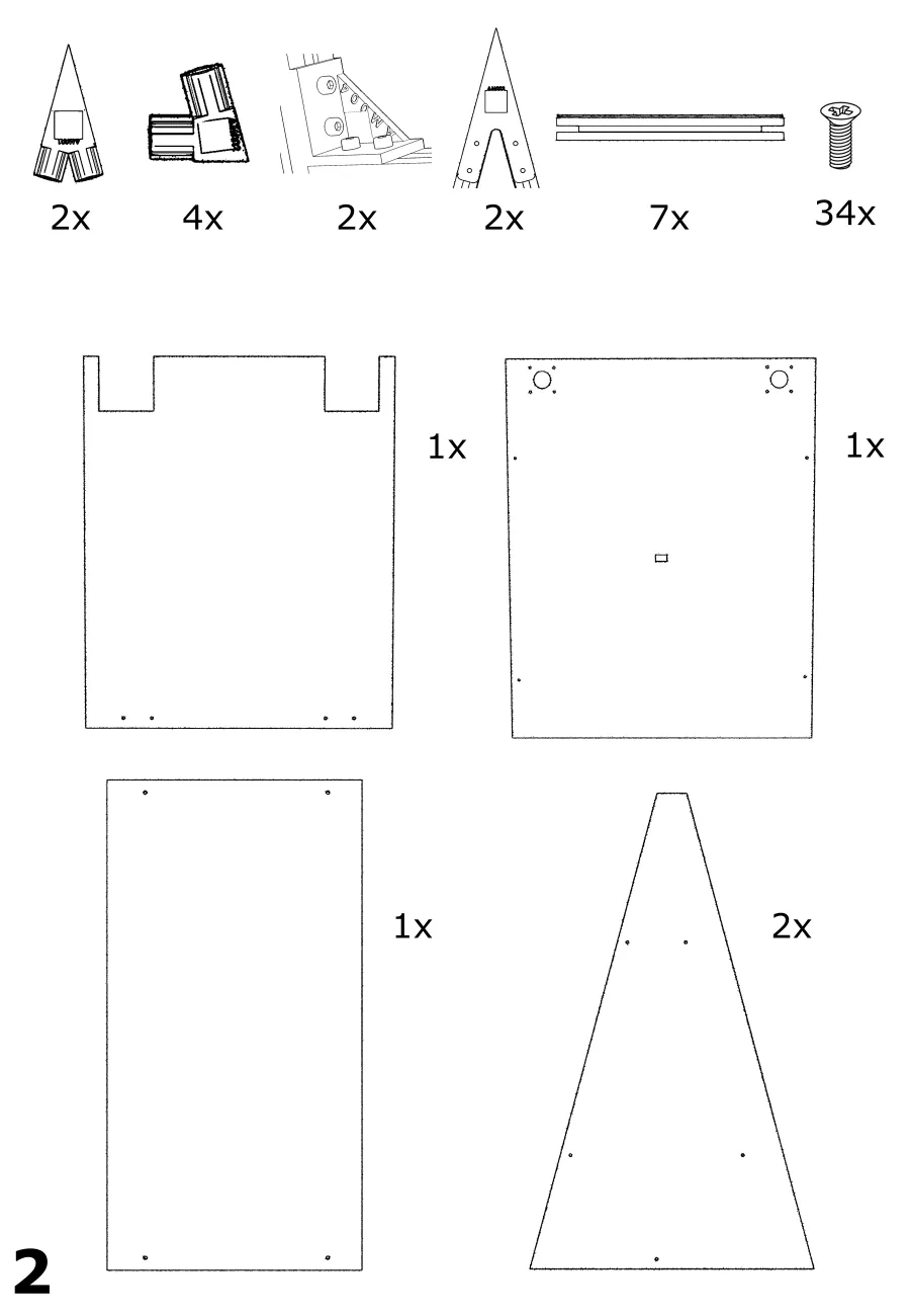 Parts list pictogram: brackets, clamps, extrusion lengths, screws and panels with quantities