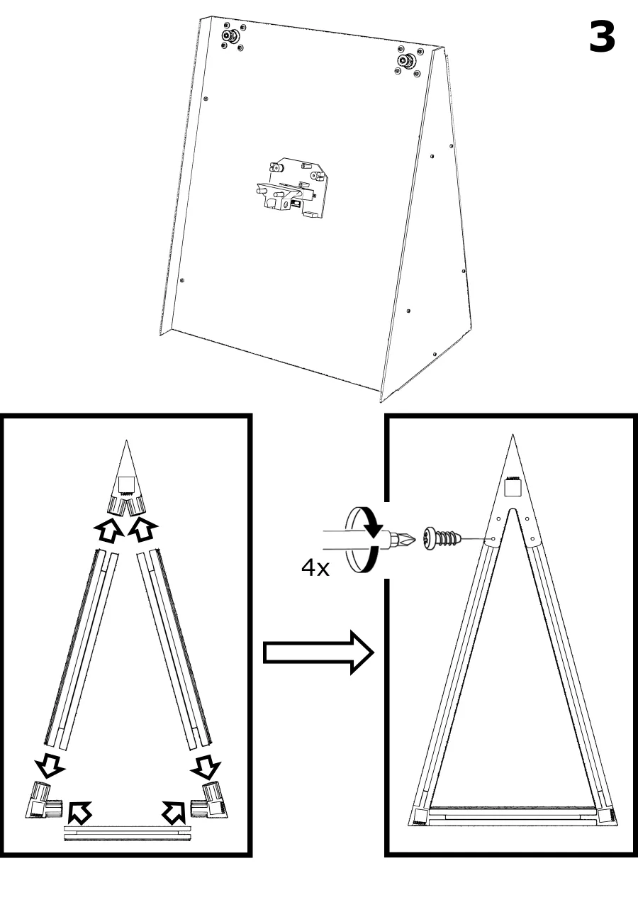 Step showing three extrusions and brackets forming one triangular side frame with four screws