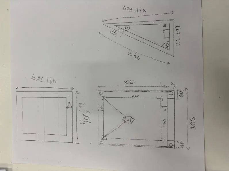 Pencil sketch of the dimensions for cardboard model V1